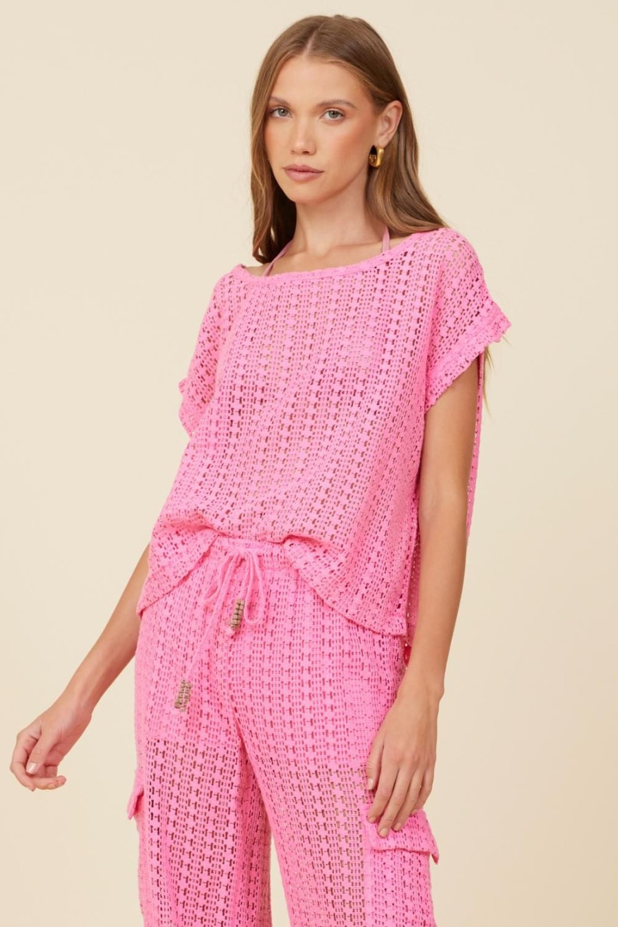 Women Surf Gypsy Tops | Hot Pink Vertical Crochet Short Sleeve Top