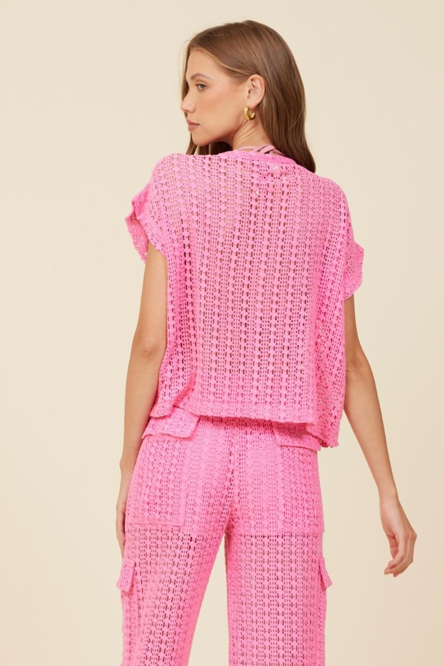 Women Surf Gypsy Tops | Hot Pink Vertical Crochet Short Sleeve Top