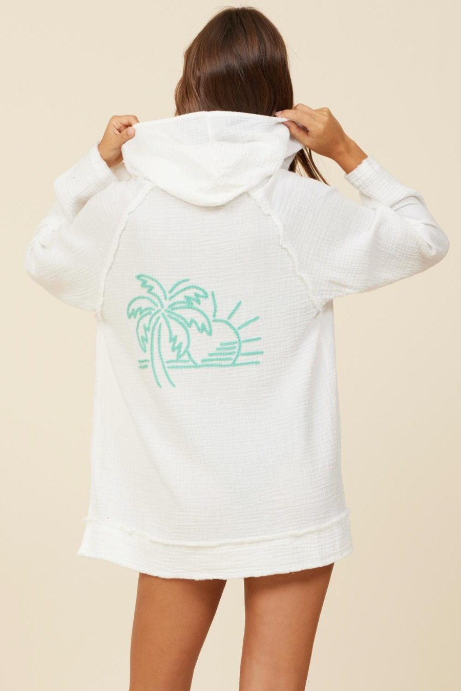 Women Surf Gypsy Tops | White W/Apple Green Salty Washed Gauze Embroidered Hoodie