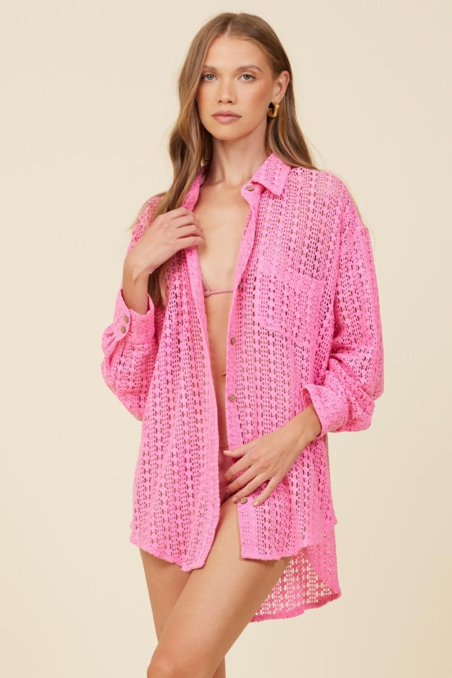 Women Surf Gypsy Tops | Hot Pink Vertical Stripe Button Up