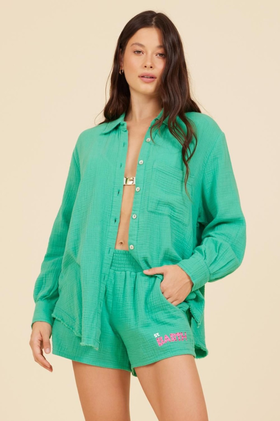 Women Surf Gypsy Tops | Apple Green St. Barth Jet Setter Gauze Shirt