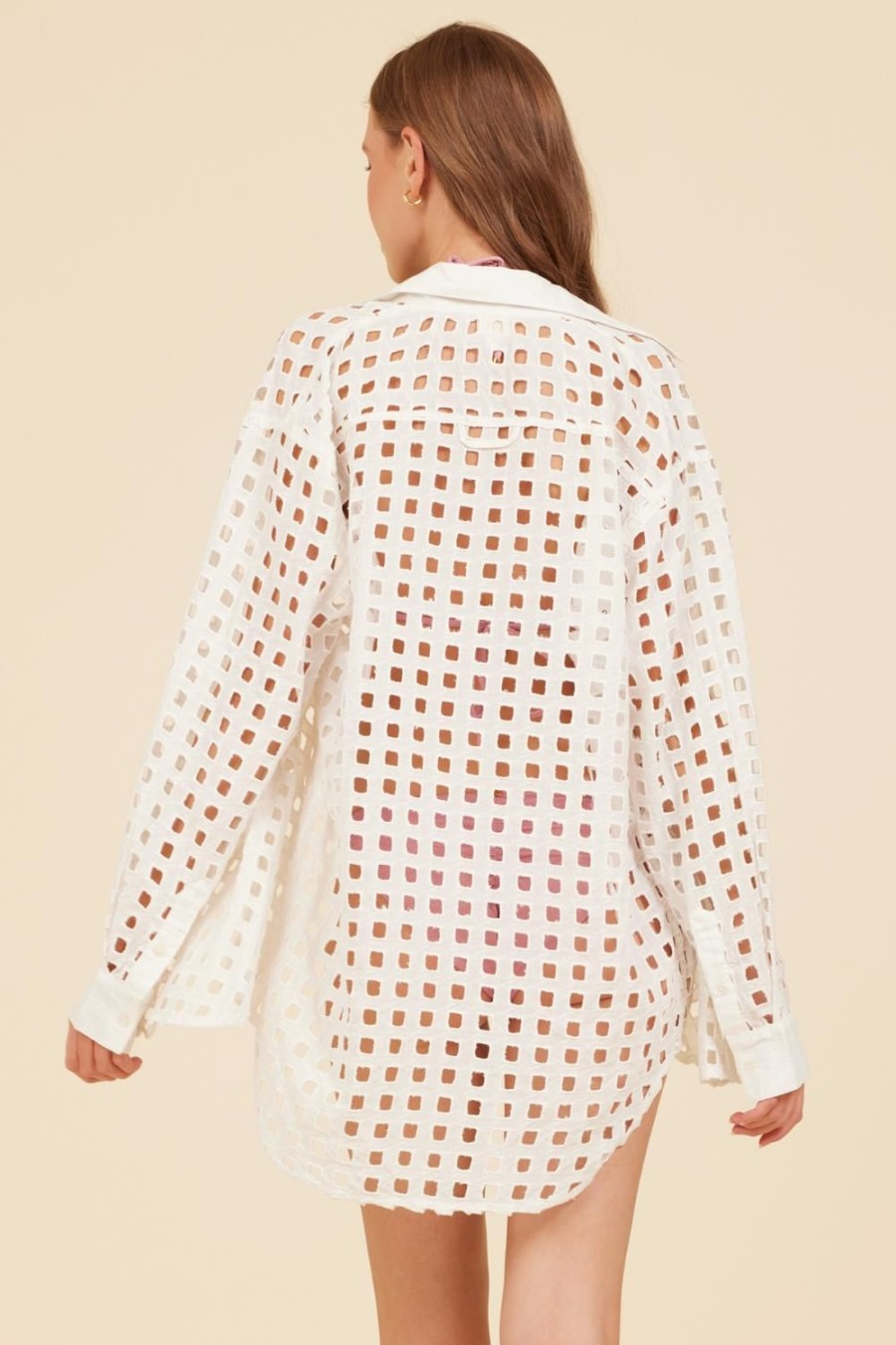 Women Surf Gypsy Tops | White Box Eyelet Sleeve Button Up