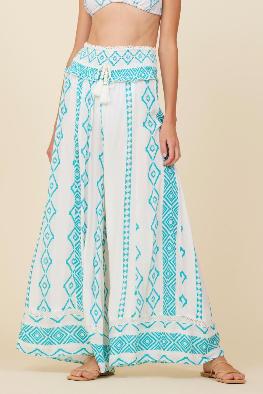 Women Surf Gypsy Bottoms | Teal Island Tribal Print Rayon Crepe Pants