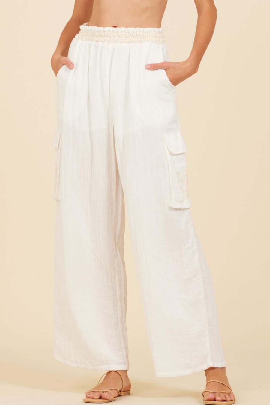 Women Surf Gypsy Bottoms | White & Natural Gauze Embroidered Cargo Pants