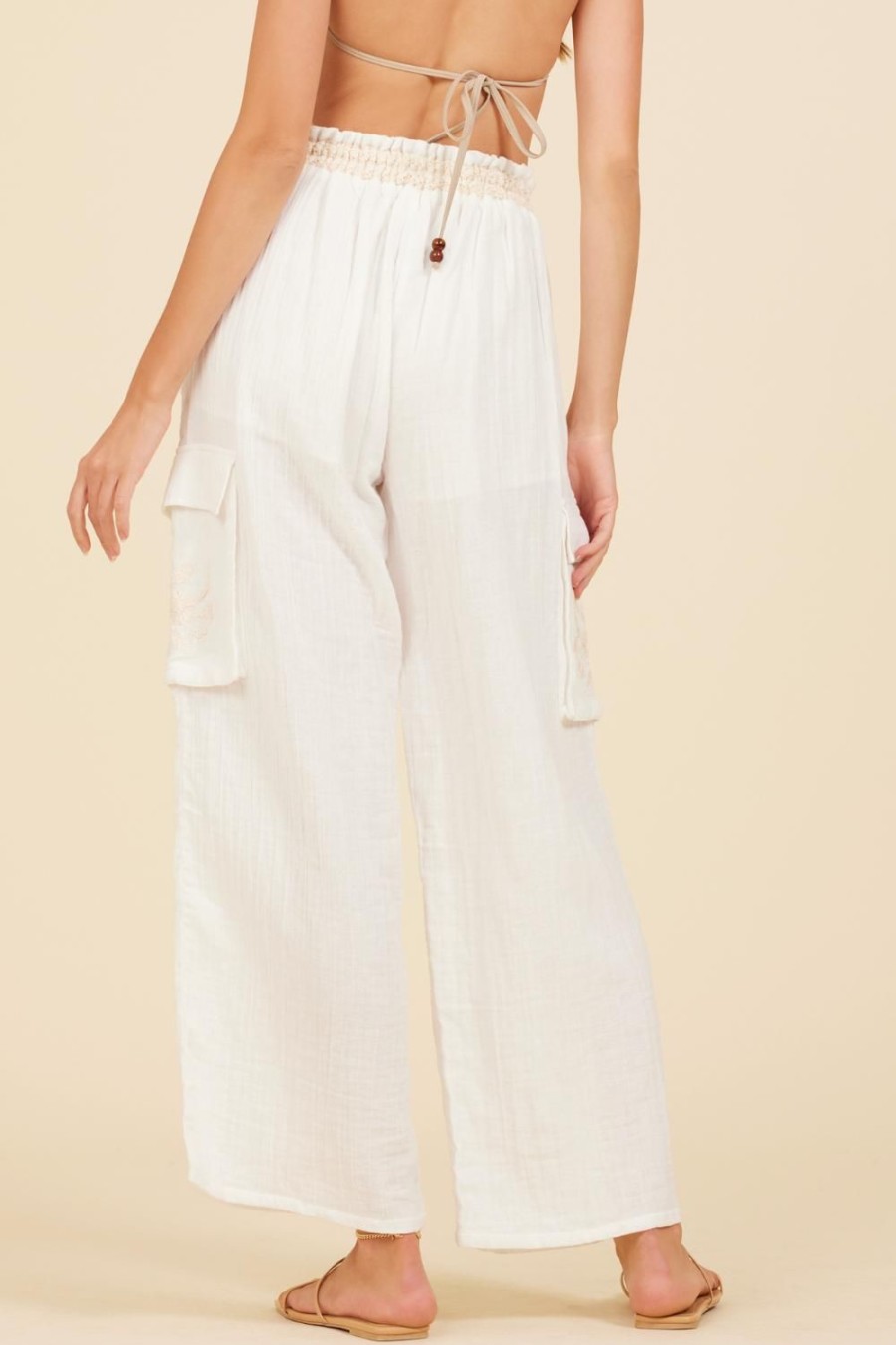 Women Surf Gypsy Bottoms | White & Natural Gauze Embroidered Cargo Pants