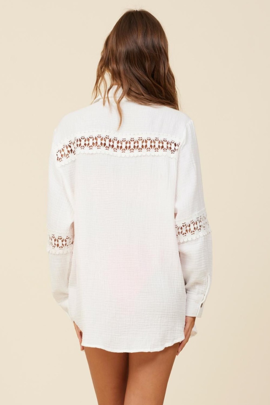 Women Surf Gypsy Tops | White Gauze Crochet Button Up