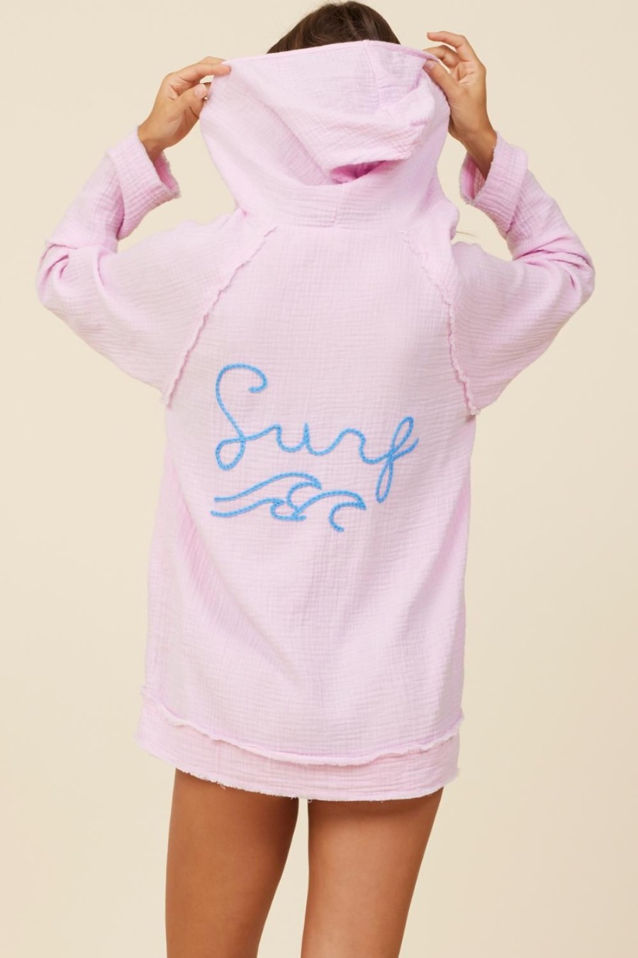 Women Surf Gypsy Tops | Rose Pink W/Bright Blue Surf Washed Gauze Embroidered Hoodie