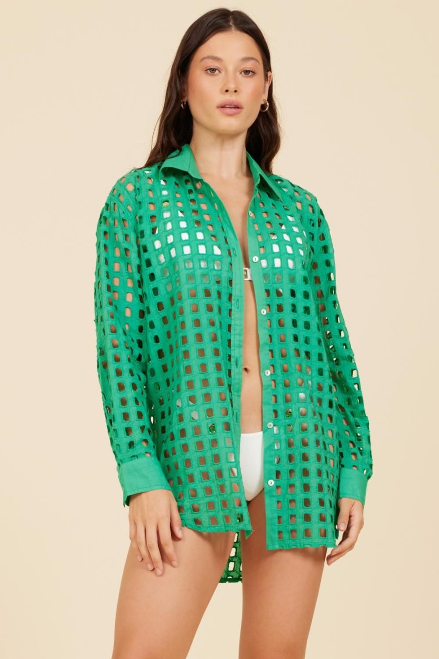 Women Surf Gypsy Tops | Seafoam Green Box Eyelet Sleeve Button Up