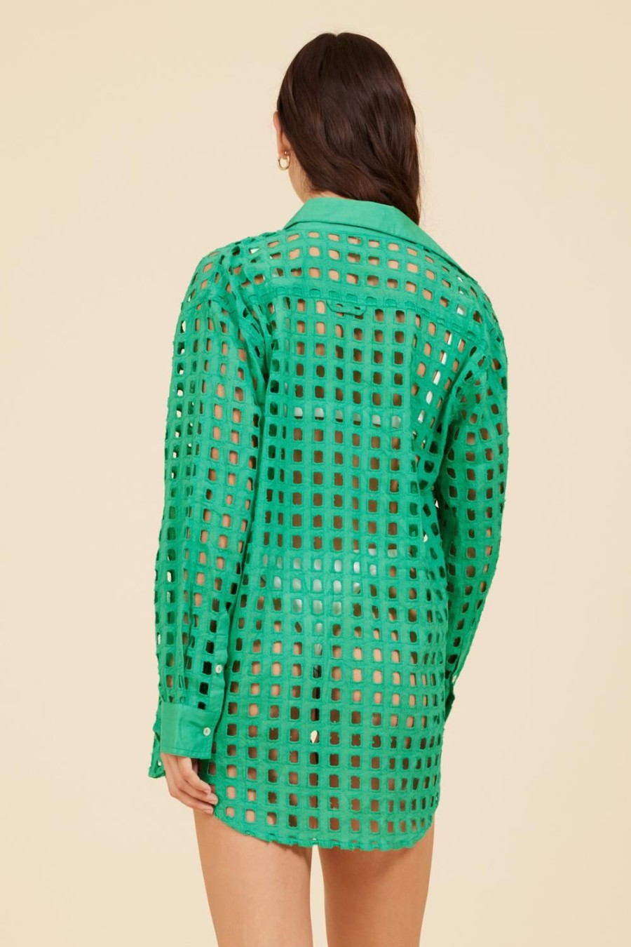 Women Surf Gypsy Tops | Seafoam Green Box Eyelet Sleeve Button Up