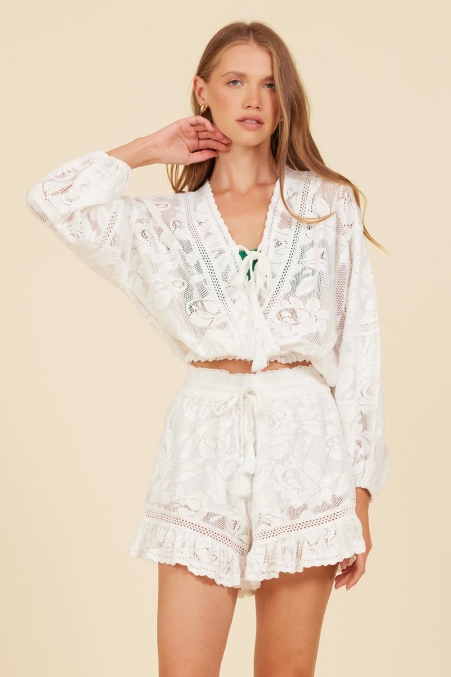 Women Surf Gypsy Tops | White Lace Crochet Surplice Top