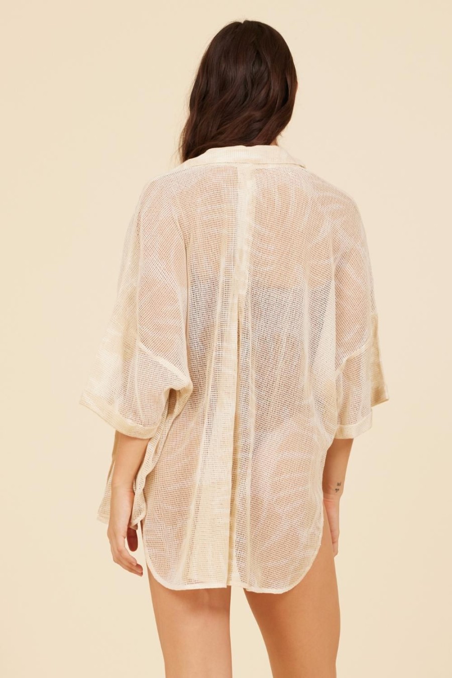 Women Surf Gypsy Tops | Ivory W/Soft Sand Mesh Ground Printed Button Up