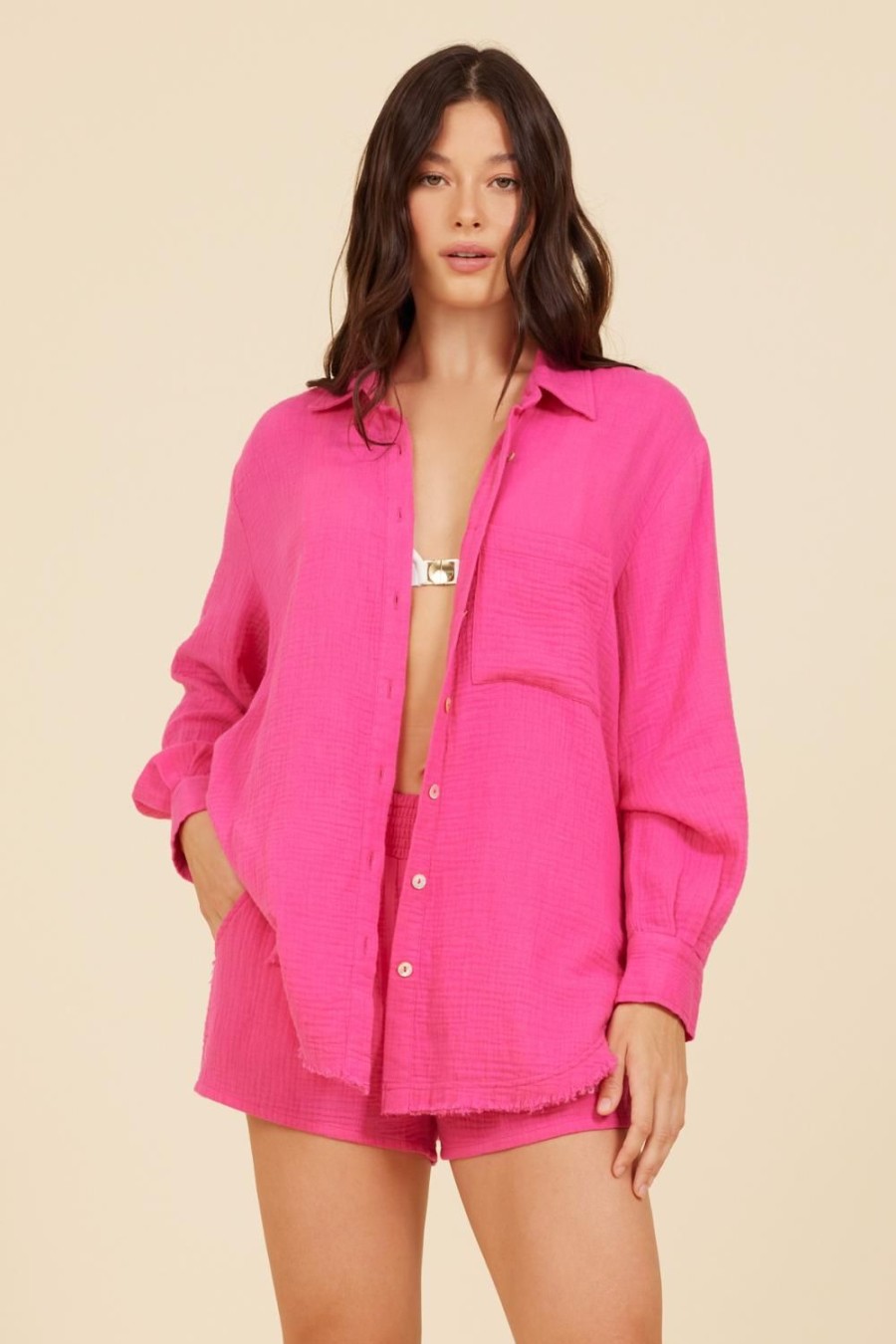 Women Surf Gypsy Tops | Hot Pink Ibiza Jet Setter Gauze Shirt