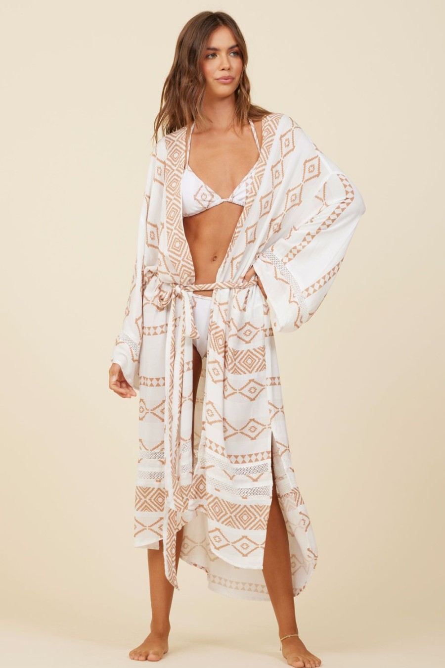 Women Surf Gypsy Bottoms | Caramel Island Tribal Print Rayon Crepe Kimono