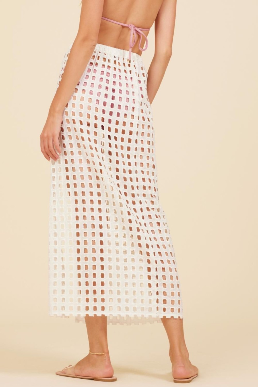 Women Surf Gypsy Bottoms | White Box Eyelet Maxi Skirt W/Slit