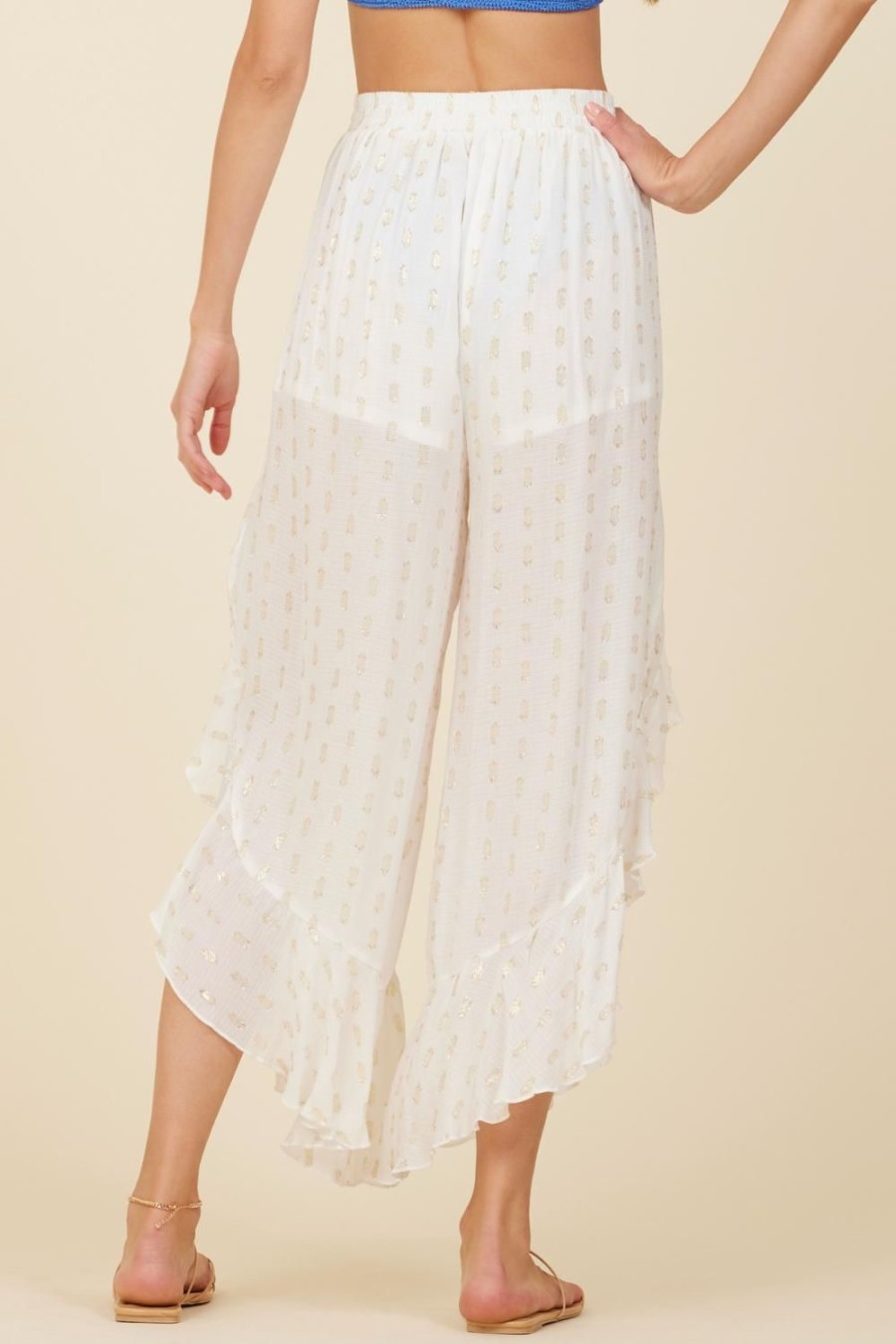 Women Surf Gypsy Bottoms | White Clipped Metallic Ruffle Pants