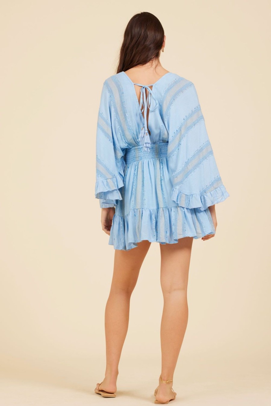 Women Surf Gypsy Bottoms | Water Blue Tonal Textured Stripe Cover Up Dress