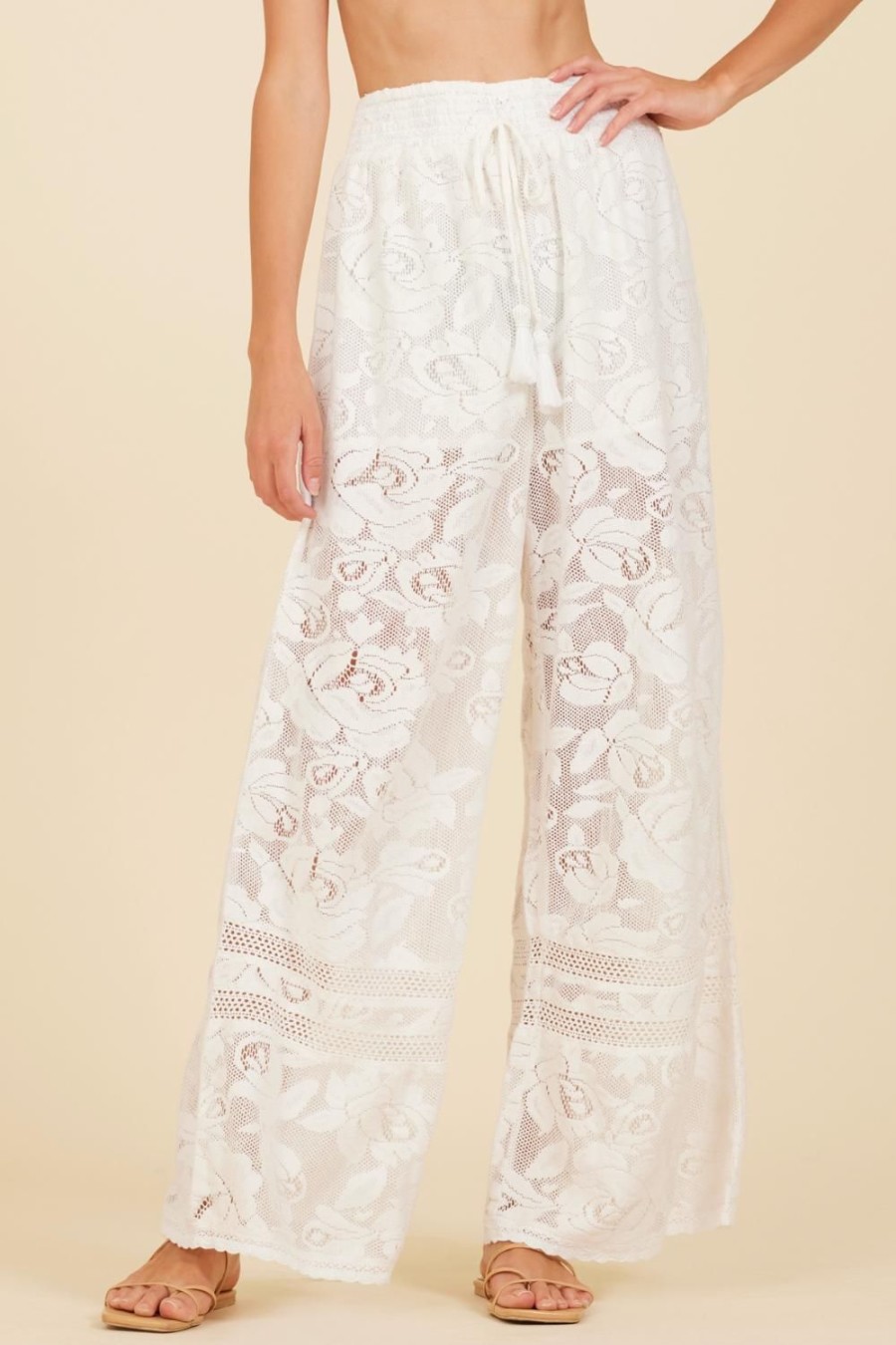 Women Surf Gypsy Bottoms | White Lace Crochet Mix Flare Pants