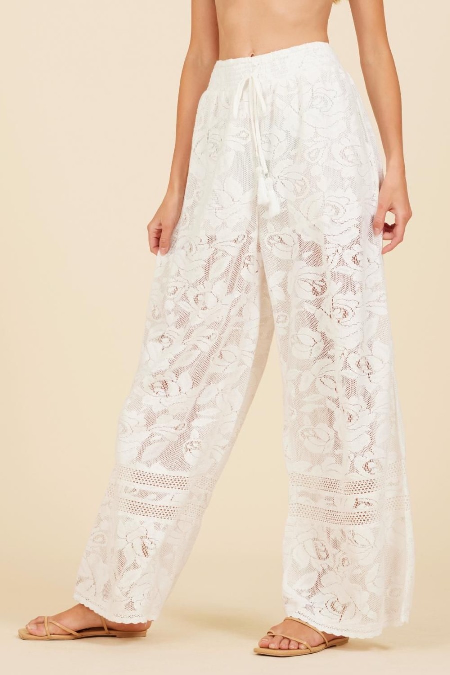 Women Surf Gypsy Bottoms | White Lace Crochet Mix Flare Pants