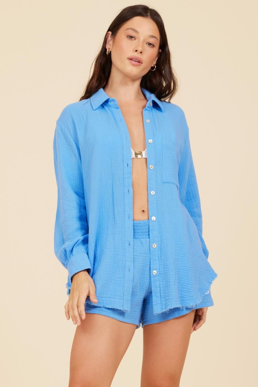 Women Surf Gypsy Tops | Royal Blue Mykonos Jet Setter Gauze Shirt