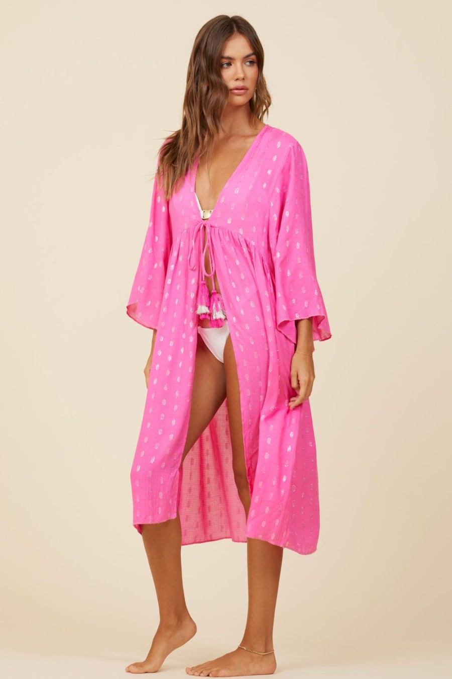 Women Surf Gypsy Bottoms | Hot Pink Clipped Metallic Kimono