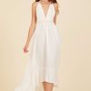 Women Surf Gypsy Bottoms | White & Natural Gauze Embroidered Halter Maxi Dress