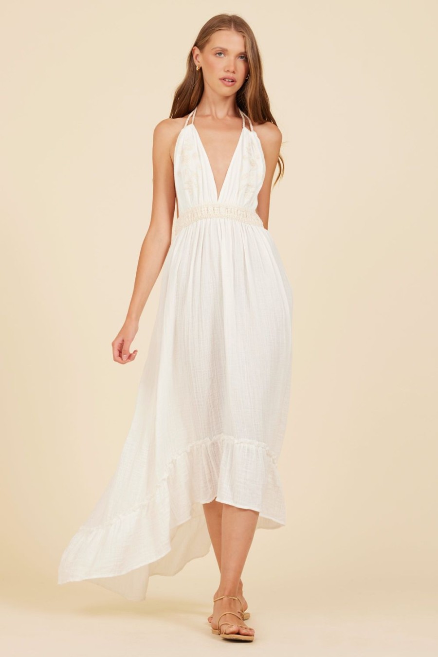 Women Surf Gypsy Bottoms | White & Natural Gauze Embroidered Halter Maxi Dress