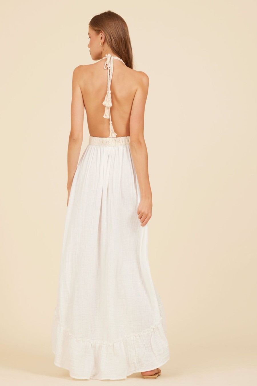 Women Surf Gypsy Bottoms | White & Natural Gauze Embroidered Halter Maxi Dress