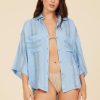 Women Surf Gypsy Tops | Water Blue Tonal Textured Button Up