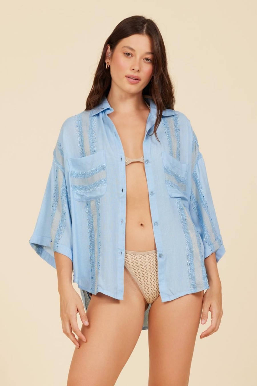 Women Surf Gypsy Tops | Water Blue Tonal Textured Button Up