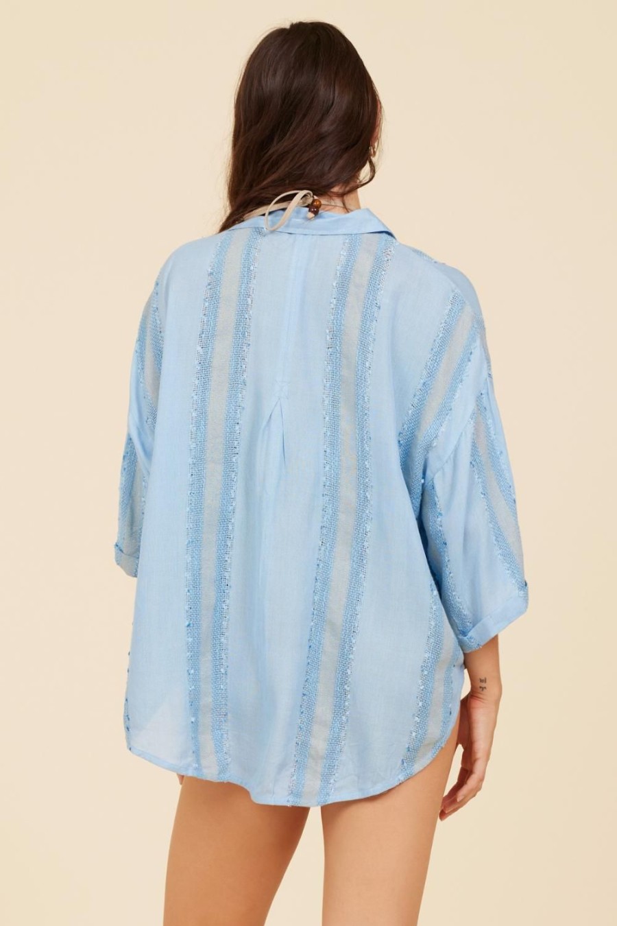 Women Surf Gypsy Tops | Water Blue Tonal Textured Button Up