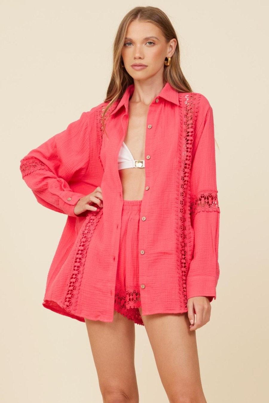 Women Surf Gypsy Tops | Raspberry Gauze Crochet Button Up