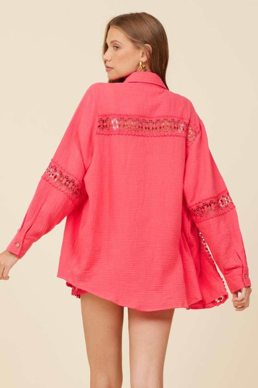 Women Surf Gypsy Tops | Raspberry Gauze Crochet Button Up