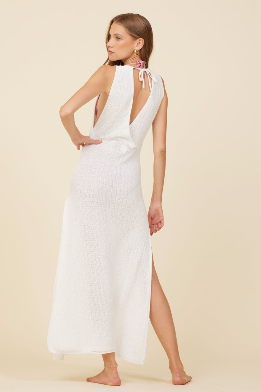 Women Surf Gypsy Bottoms | White Crepe Knit Max Cover Up Dress