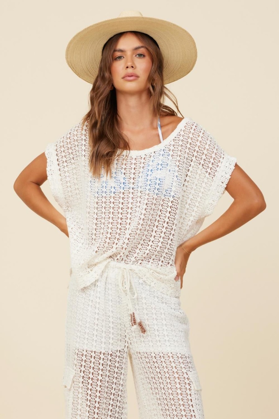 Women Surf Gypsy Tops | White Vertical Crochet Short Sleeve Top