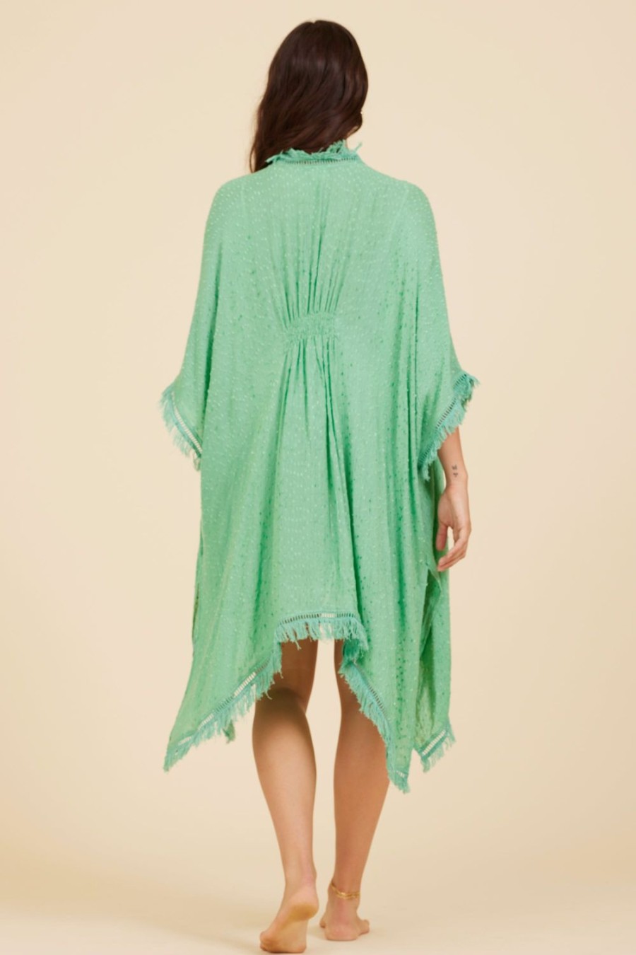 Women Surf Gypsy Bottoms | Paradise Green Textured Kimono W/Fringe