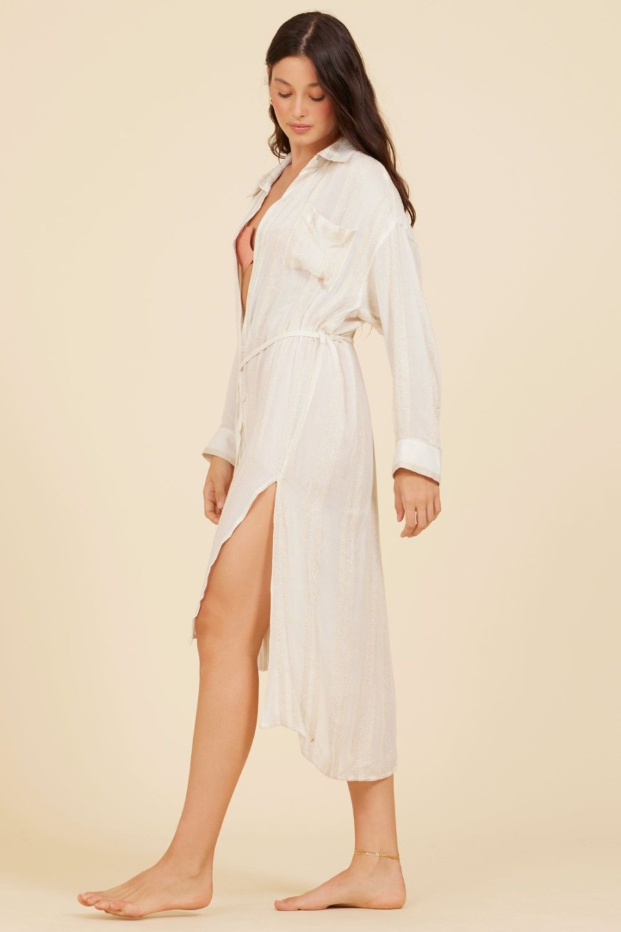 Women Surf Gypsy Bottoms | Ivory & Gold Metallic Stripe Button Front Dress