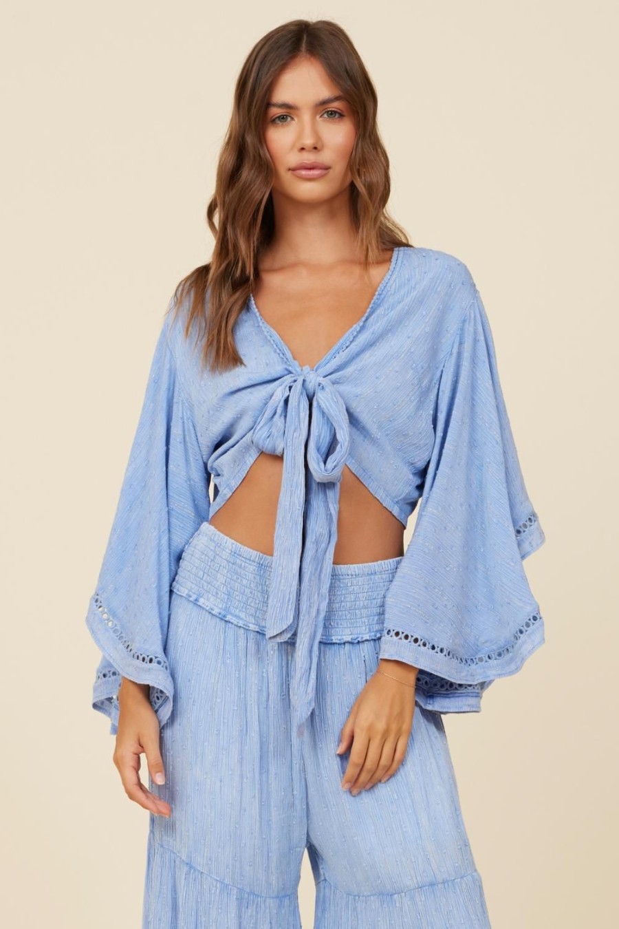 Women Surf Gypsy Tops | Washed Blue Washed Metallic Tie Front Top