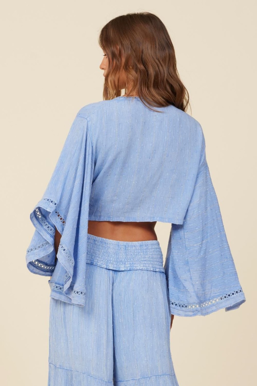 Women Surf Gypsy Tops | Washed Blue Washed Metallic Tie Front Top